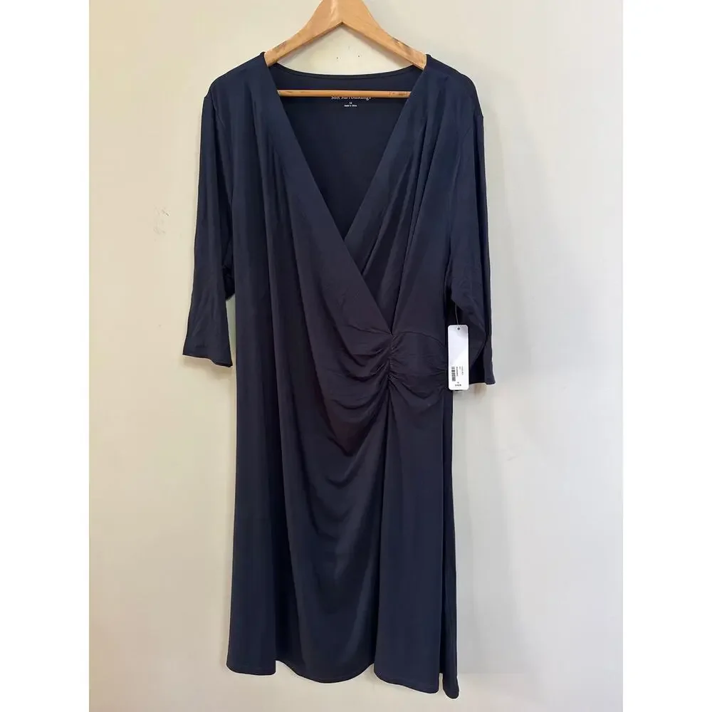 Soft Surroundings Womens Hyannis Faux Wrap Midi Navy Blue Dress Size 1X Classic
